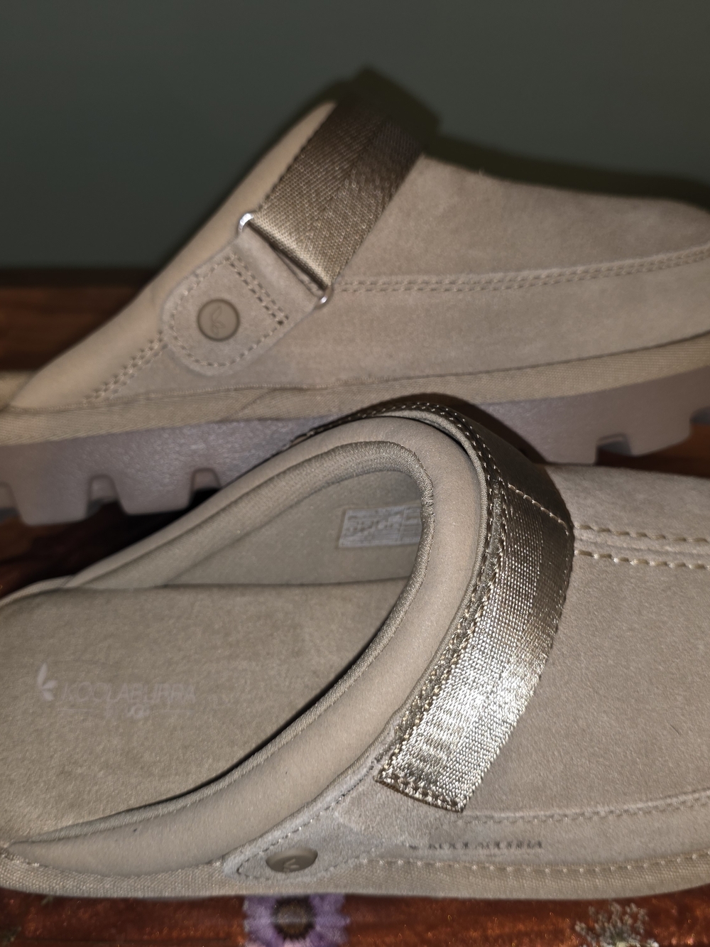 Koolaburra Tan Suede Mules with Metallic Gold Strap - Picture 6 of 10